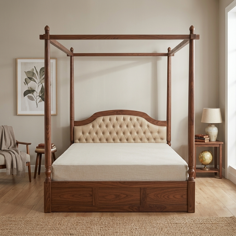 Suryavanshi Sheesham Wood King Size Poster Bed: Regal Design and Plush Comfort