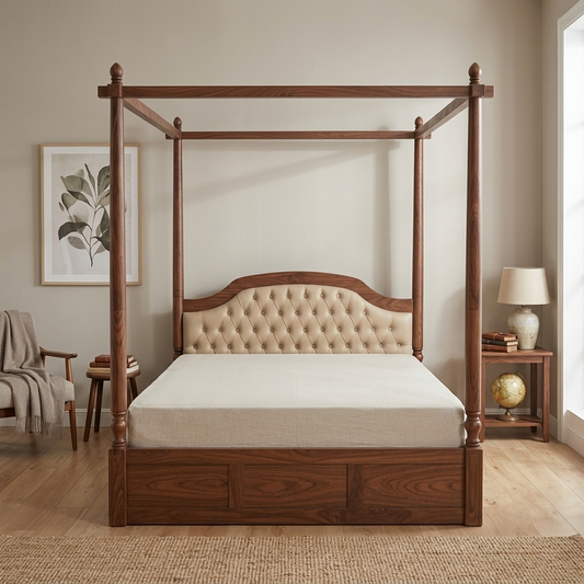 Suryavanshi Sheesham Wood King Size Poster Bed: Regal Design and Plush Comfort