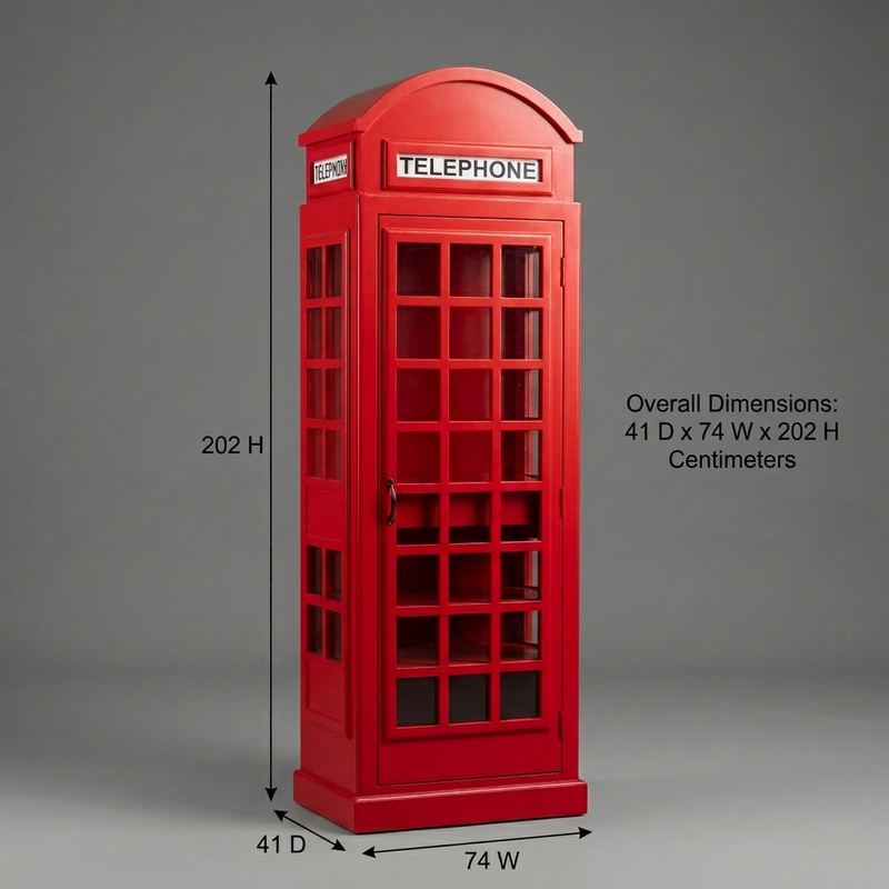 Giles British Telephone Booth Style Bar Cabinet in Red with Transparent Acrylic Sheet  Door
