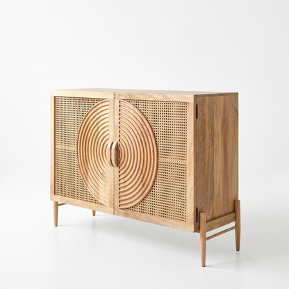 Suryavanshi Solid Mango Wood & Cane Sideboard Cabinet with Circular Carved Door
