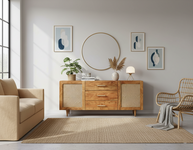 Acacia Wood 2-Door 3-Drawer Sideboard