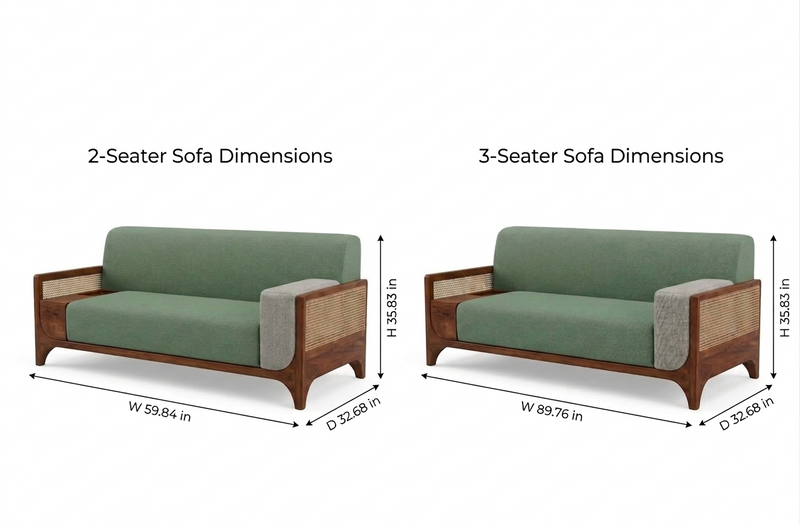 Sage Harmony Rattan Sofa – Solid Wood Frame with Cane Detailing & Sage Green Upholstery