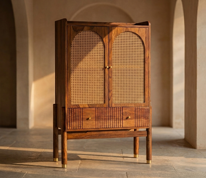 Suryavanshi Sheesham Wood Bar Cabinet with Natural Rattan Cane Doors, Brass Knobs & Brass-Capped Legs