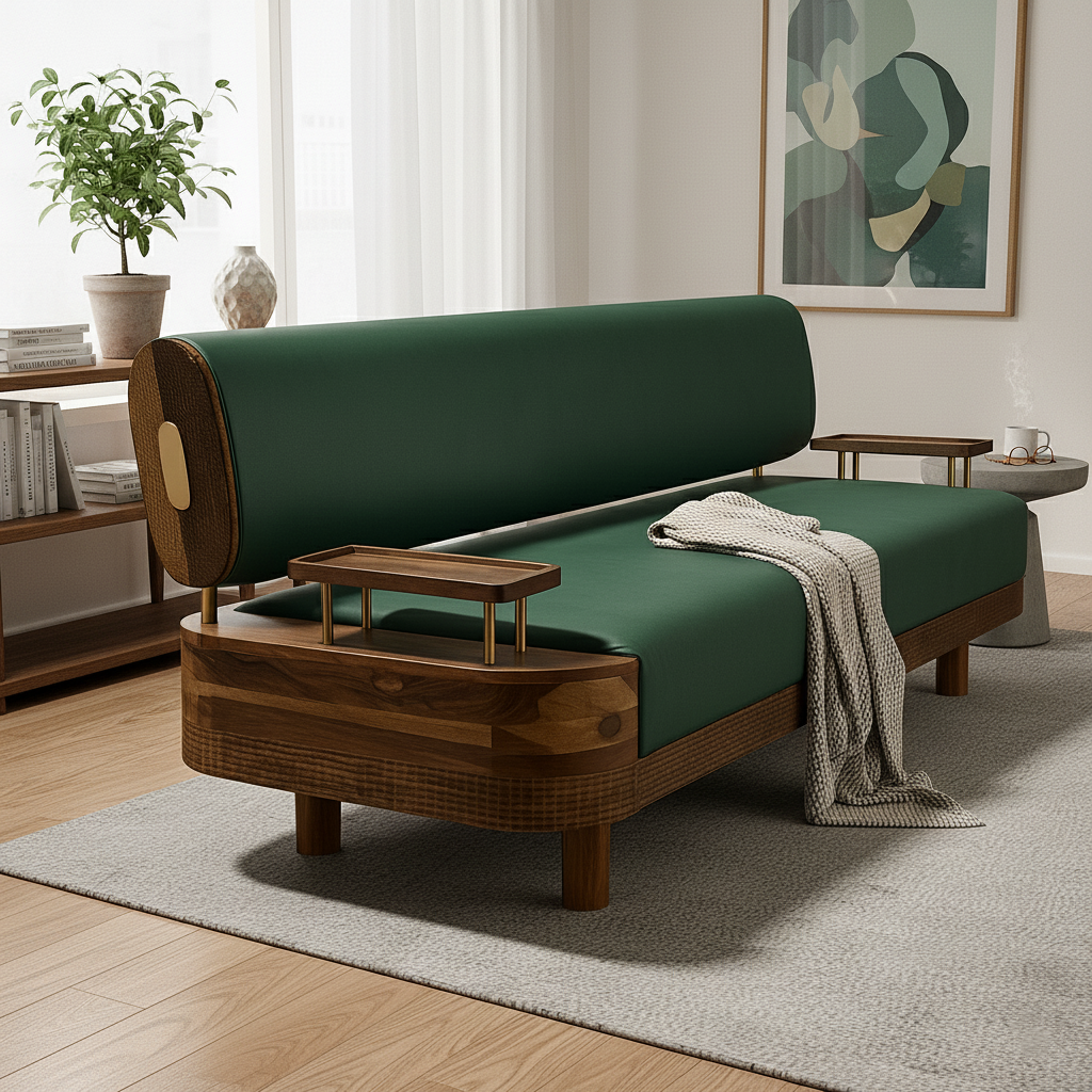 Verdant Luxe Mid-Century Sofa – Solid Sheesham Wood Frame with Olive Green Leather (Customized fabric available)