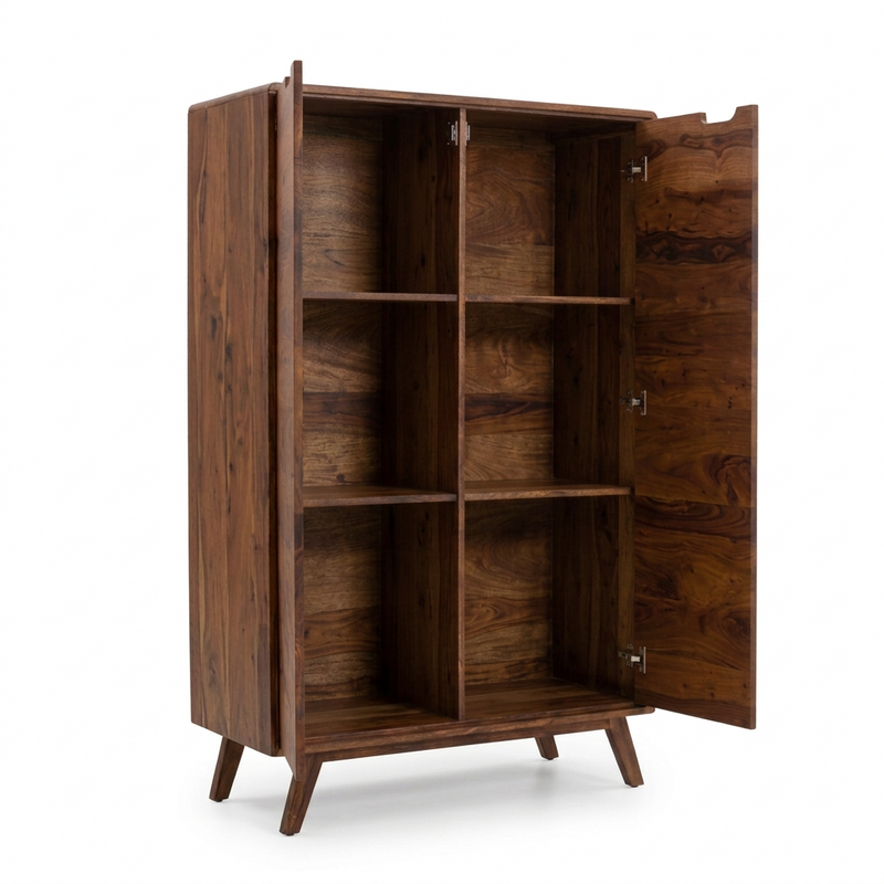 Sheesham Wood Storage Cabinet with Double Doors with six shelves inside in Honey Finish