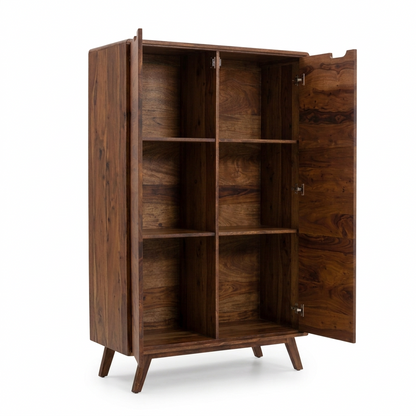 Sheesham Wood Storage Cabinet with Double Doors with six shelves inside in Honey Finish