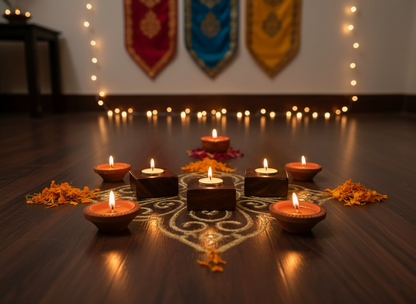 Wooden Set of 3 Candle Stands with Candles – Elegant Home & Festive Décor