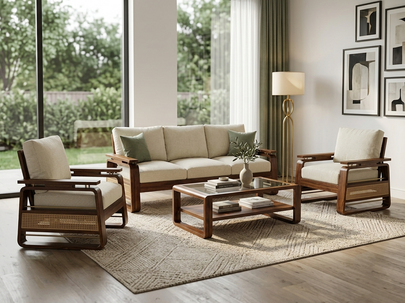 Suryavanshi Sheesham Wood Sofa Set with Handwoven Jute Fabric