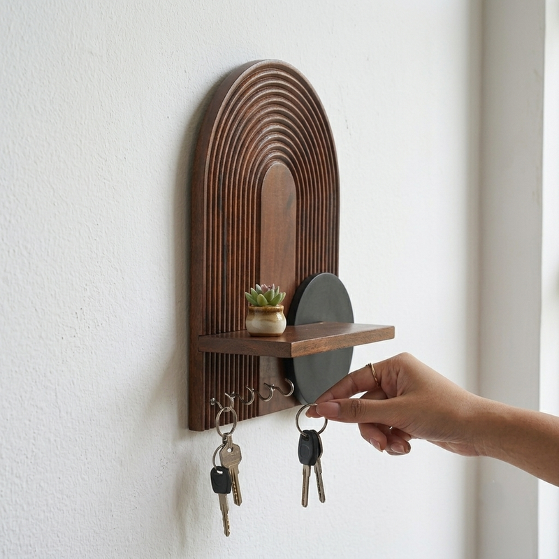 Suryavanshi Mango Wooden Wall Mounted Key Holder with Shelf | Modern Arch Design