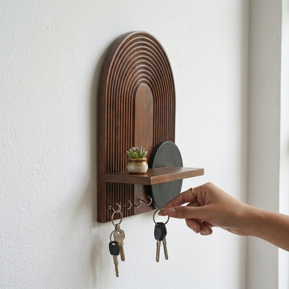 Suryavanshi Mango Wooden Wall Mounted Key Holder with Shelf | Modern Arch Design