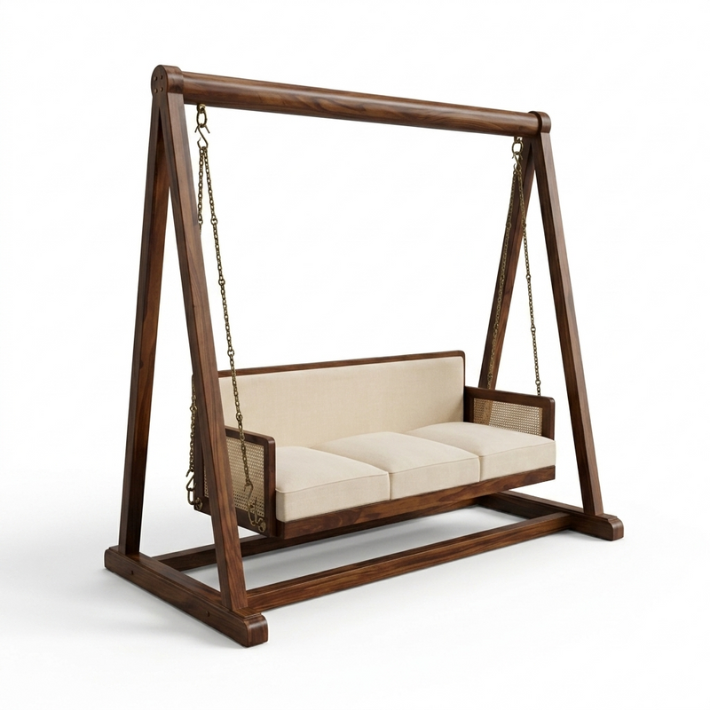 Rajsi Solid Wood Indoor Swing Sofa with Stand | Cushioned 3-Seater Hanging Swing
