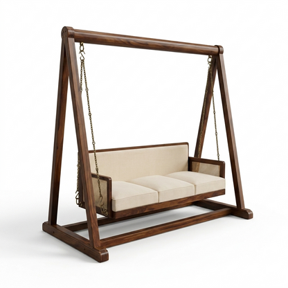 Rajsi Solid Wood Indoor Swing Sofa with Stand | Cushioned 3-Seater Hanging Swing