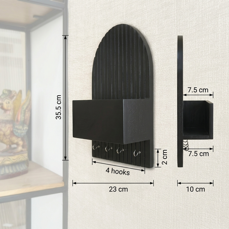 Suryavanshi Mango Wooden Wall Mounted Key Holder with Storage Shelf & 4 Key Hooks