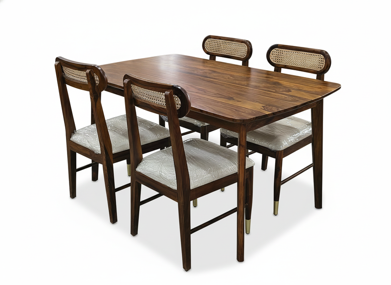 MALESIYA Sheesham Wood 4-Seater Dining Table Set with Cane Back Chairs