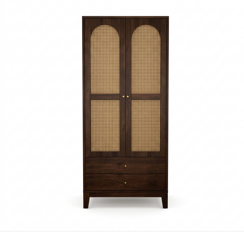 Suryavanshi Sheesham Wood Wardrobe with Cane & Brass Accent (Teak Finish)