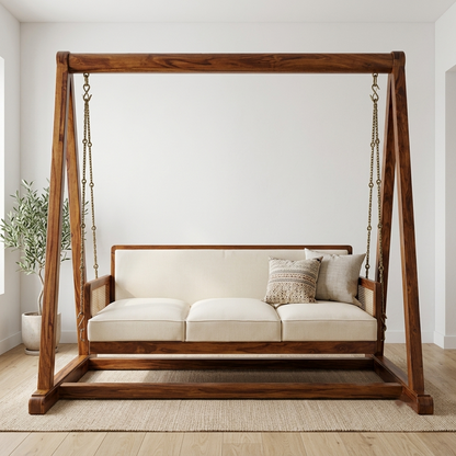 Rajsi Solid Wood Indoor Swing Sofa with Stand | Cushioned 3-Seater Hanging Swing