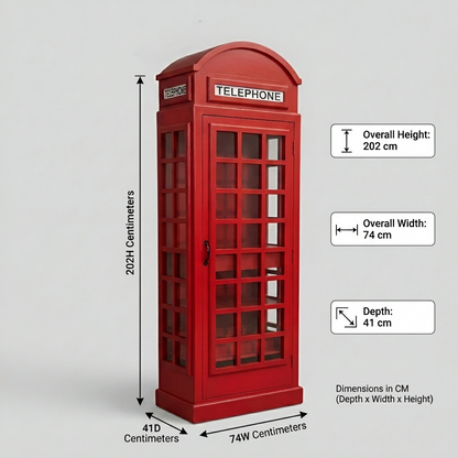 Giles British Telephone Booth Style Bar Cabinet in Red with Transparent Acrylic Sheet  Door