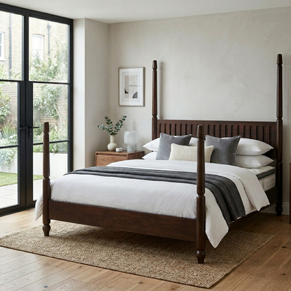 Woodenza Solid Wood Poster Bed Classic Design with Slatted Headboard (Walnut Finish)