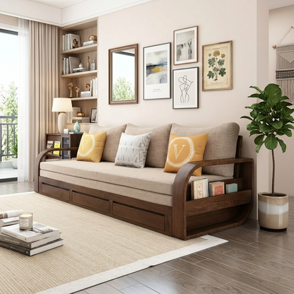 Modern Wooden Sofa Cum Bed with Storage Drawers & Side Book Shelves - Queen Size