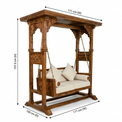 Ambar Solid Wood Temple Swing with Stand | Traditional Hand-Carved Wooden Jhula For Living Room