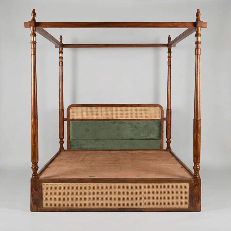 Windsor Sheesham Wood Poster Bed with Cane Panel Headboard & Footboard