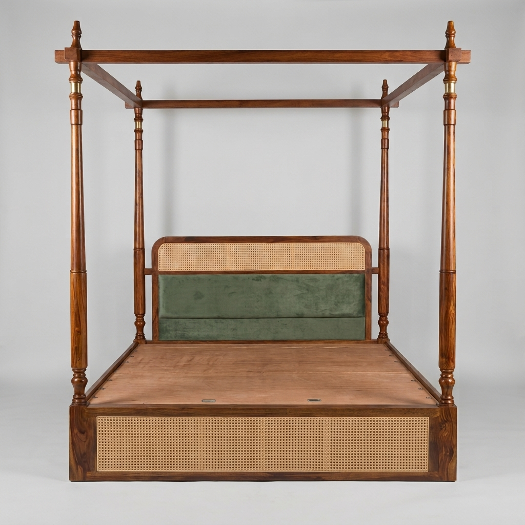 Windsor Sheesham Wood Poster Bed with Cane Panel Headboard & Footboard