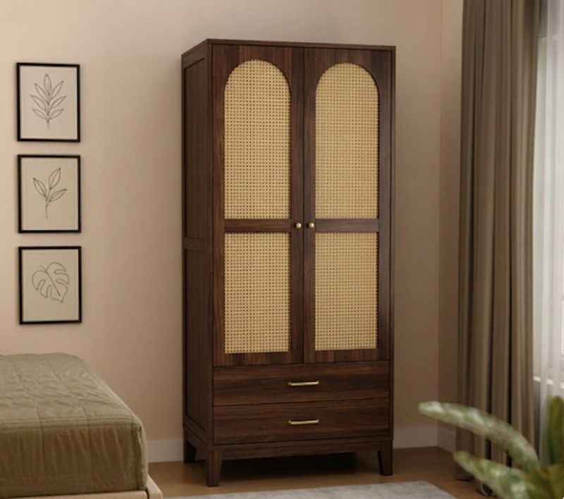 Suryavanshi Sheesham Wood Wardrobe with Cane & Brass Accent (Teak Finish)