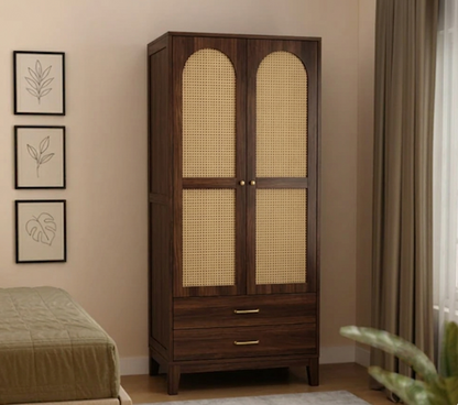 Suryavanshi Sheesham Wood Wardrobe with Cane & Brass Accent (Teak Finish)
