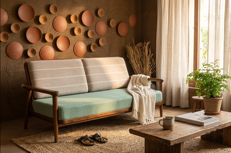 Beso Retro Modern Solid Sheesham Wood Frame Arm Sofa