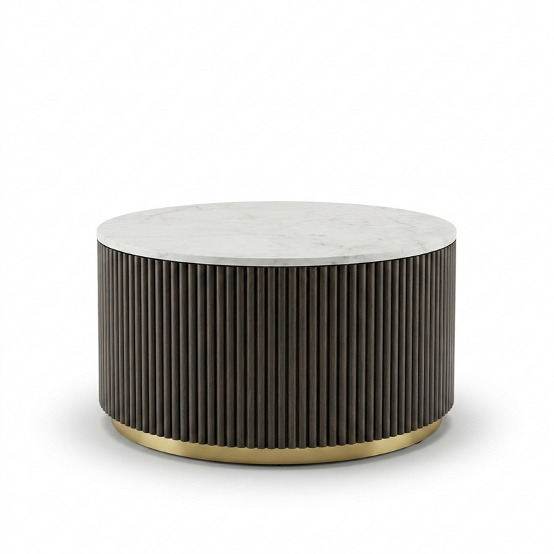 Kelby Solid Wood Round Coffee Table with Fluted Base, Brass Finish & Marble Top