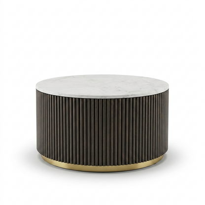 Kelby Solid Wood Round Coffee Table with Fluted Base, Brass Finish & Marble Top