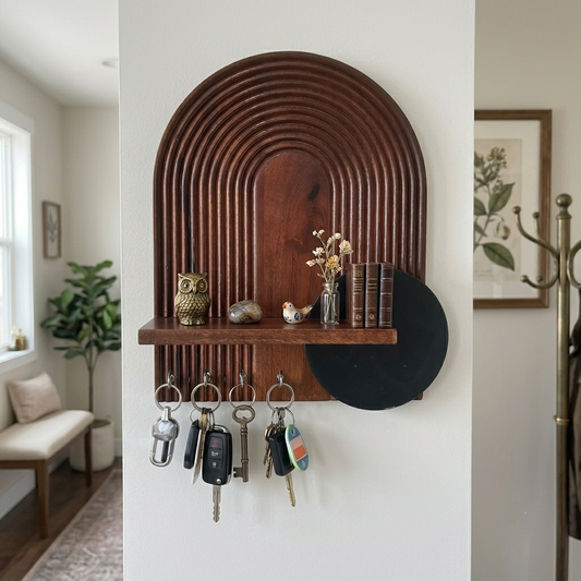 Suryavanshi Mango Wooden Wall Mounted Key Holder with Shelf | Modern Arch Design