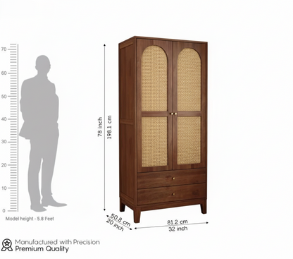 Suryavanshi Sheesham Wood Wardrobe with Cane & Brass Accent (Teak Finish)