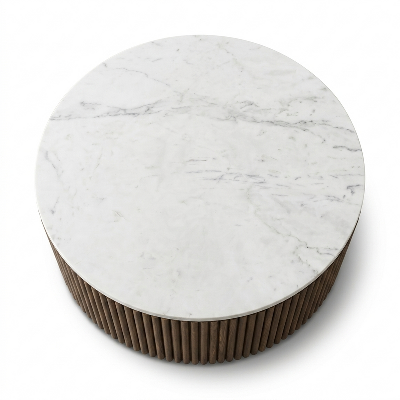 Kelby Solid Wood Round Coffee Table with Fluted Base, Brass Finish & Marble Top