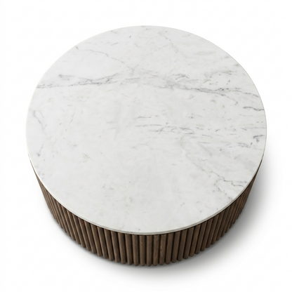 Kelby Solid Wood Round Coffee Table with Fluted Base, Brass Finish & Marble Top