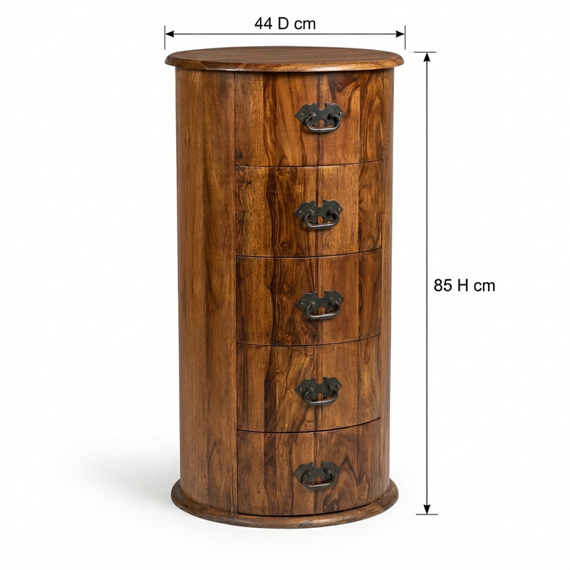 Windsor - Sheesham Wood Round Chest of Drawers with Antique Black Metal Handles, 5 Drawer Storage Cabinet