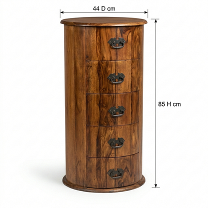 Windsor - Sheesham Wood Round Chest of Drawers with Antique Black Metal Handles, 5 Drawer Storage Cabinet