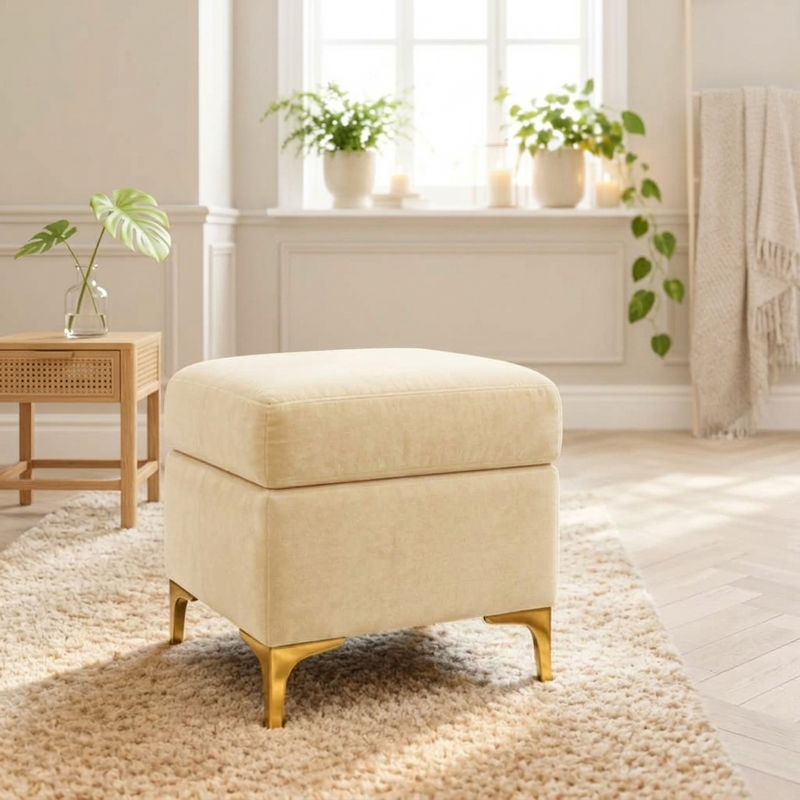 Suryavanshi Velvet Upholstered Pouffe with Iron Brass-Coated Legs – Chic Seating