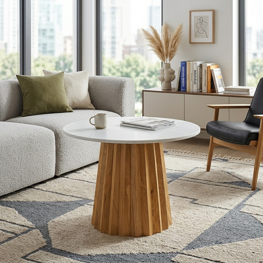 Modern Handcrafted Solid Wood Round Coffee Table with White Faux Marble Top