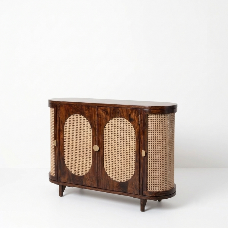 Westwood Arched Cane & Sheesham Wood Sideboard Cabinet – Mid-Century Modern Designer Storage Console