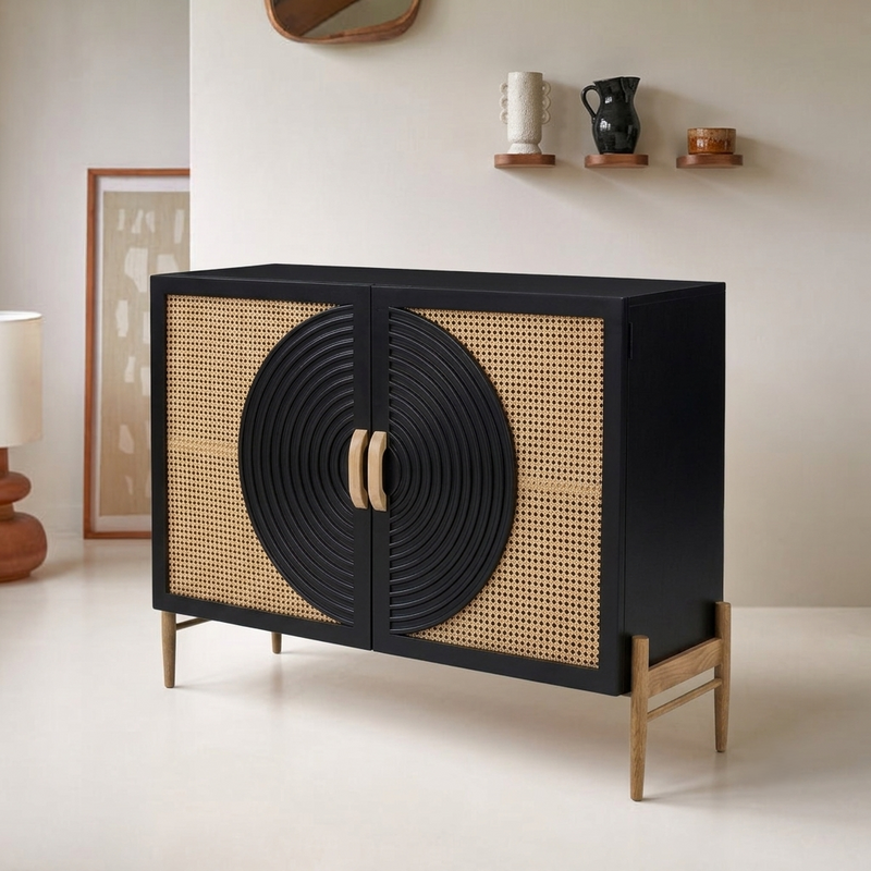 Suryavanshi Solid Mango Wood & Cane Sideboard Cabinet with Circular Carved Door