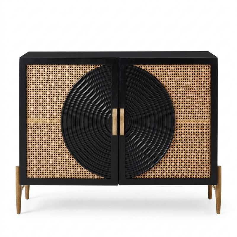 Suryavanshi Solid Mango Wood & Cane Sideboard Cabinet with Circular Carved Door