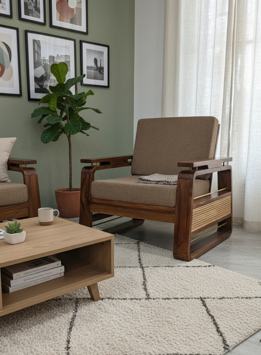 Suryavanshi Sheesham Wood 1-Seater Sofa with Handwoven Jute Fabric – Classic Cane Panel Design