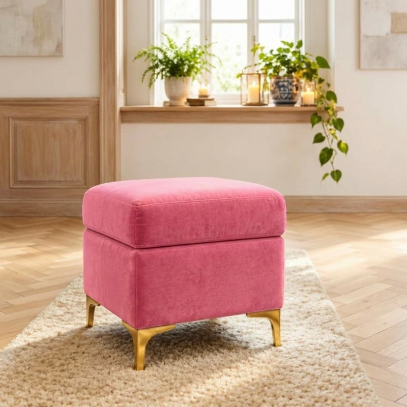 Suryavanshi Velvet Upholstered Pouffe with Iron Brass-Coated Legs – Chic Seating