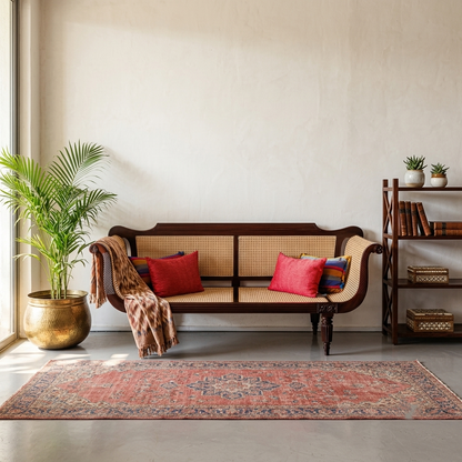 Handcrafted Solid Wood & Natural Cane Sofa | British Colonial Style Living Room Couch with Rattan Weaving