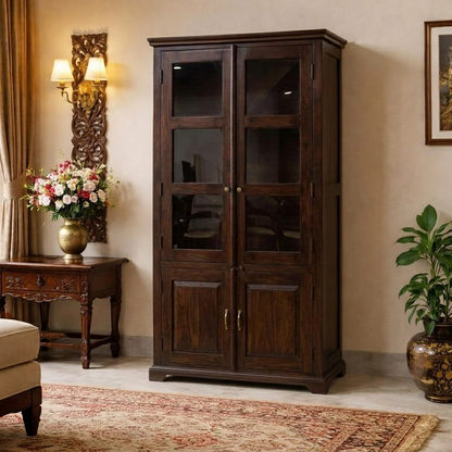 Suryavanshi Solid Sheesham Wood Crockery Cabinet with Glass Doors & Drawers