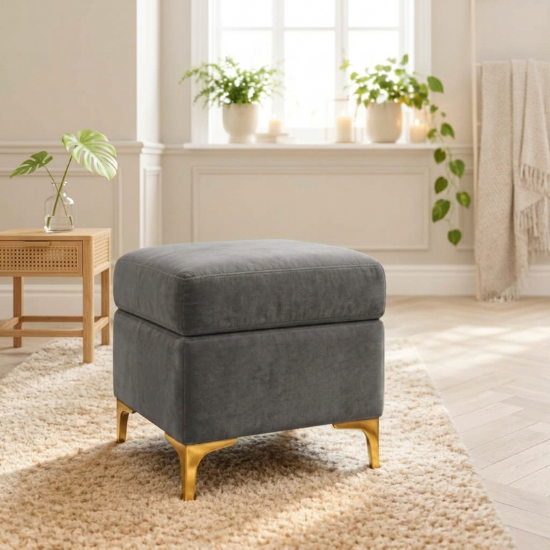 Suryavanshi Velvet Upholstered Pouffe with Iron Brass-Coated Legs – Chic Seating