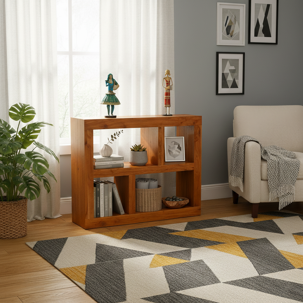 Suryavanshi Acacia Wood Console Table with Four Shelves – Versatile Furniture for Books and Decor