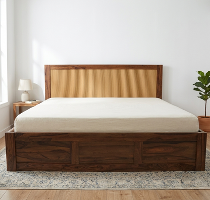 Modern Sheesham Wood Queen/King Bed with Slatted Headboard