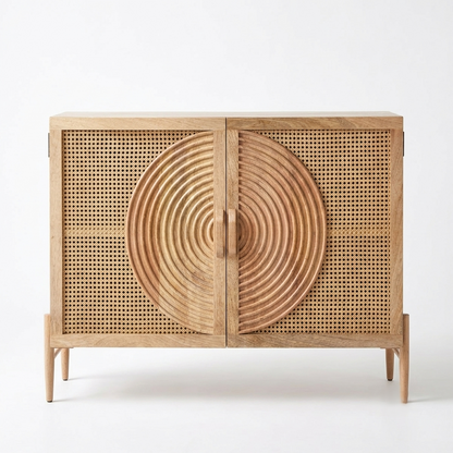 Suryavanshi Solid Mango Wood & Cane Sideboard Cabinet with Circular Carved Door